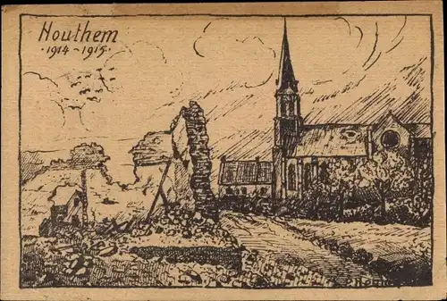 Künstler Ak Houthem Limburg, Dorfpartie mit Kirche 1914-1915, Kriegszerstörung 1. WK