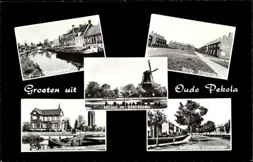 Ak Oude Pekela Groningen Niederlande, Felko Clockstraat, Molen, Villa, Watertoren