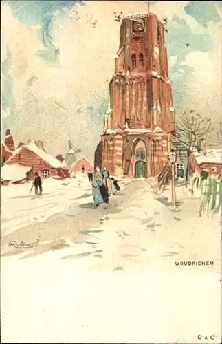 Künstler Litho Cassiers, H., Woudrichem Nordbrabant Niederlande, Teilansicht der Stadt, Turm