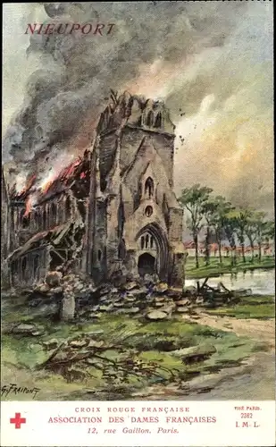 Künstler Ak Fraipont, G., Nieuwpoort Westflandern, Kirche, Kriegszerstörungen, I. WK