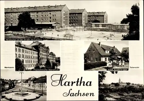 Ak Hartha in Sachsen, Straße des Friedens, Städt. Kinderkrippe, Marktplatz, POS