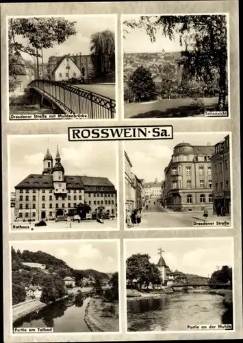 Ak Roßwein in Sachsen, Teilansicht, Dresdner Straße, Rathaus, Partie an der Mulde