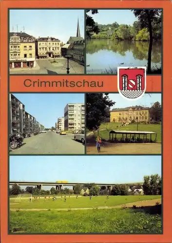 Wappen Ak Crimmitschau Sachsen, Markt, Schloßteich, Neubauten, Oberschule Wilhelm Stolle, Sportplatz