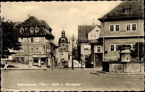 Ak Waltershausen im Thüringer Becken, Markt und Nikolaustor