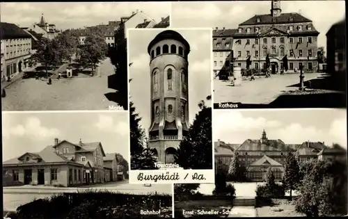 Ak Burgstädt in Sachsen, Markt, Rathaus, Bahnhof, Ernst Schneller Schule