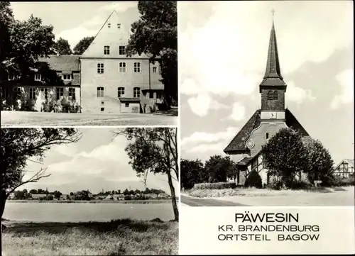 Ak Bagow Päwesin in Brandenburg, Kirche, Gebäude, Partie am Seeufer