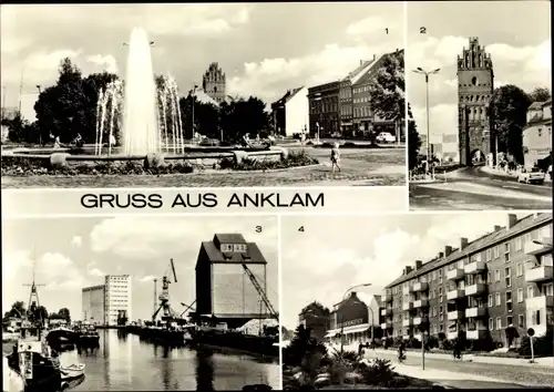 Ak Anklam, Blick vom Marktplatz zum Steintor, Hafen, Peenstraße, Springbrunnen