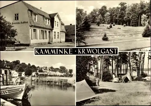 Ak Kamminke Wolgast in Mecklenburg Vorpommern, Hafen, Zeltplatz, Konsum Gaststätte Haffblick