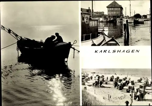 Ak Ostseebad Karlshagen auf Usedom, Strand, Strandkörbe, Hafen, Fischerboot