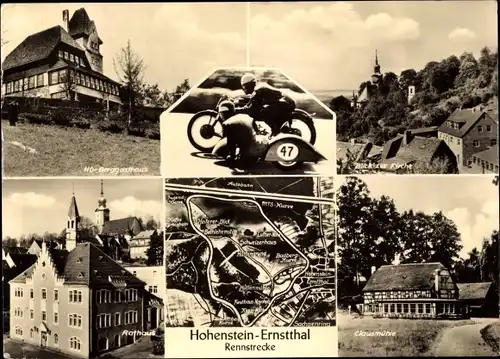 Ak Hohenstein Ernstthal in Sachsen, Rennstrecke, HO-Berggasthaus, Rathaus, Clausmühle