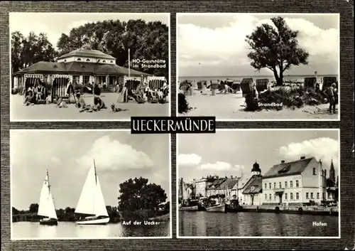 Ak Ueckermünde in Mecklenburg Vorpommern, HO Gaststätte im Strandbad, Hafen, Segelboote