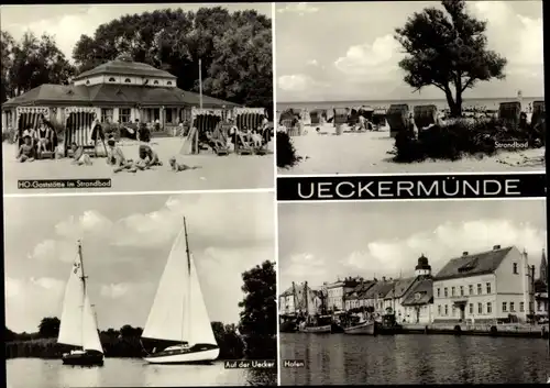 Ak Ueckermünde in Mecklenburg Vorpommern, HO Gaststätte im Strandbad, Hafen, Segelboote