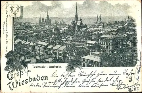 Ak Wiesbaden, Totalansicht, Kirchturm, Wappen