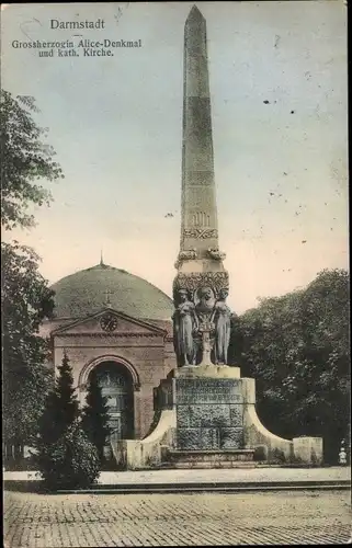 Ak Darmstadt in Hessen, Großherzogin Alice-Denkmal, Kath. Kirche