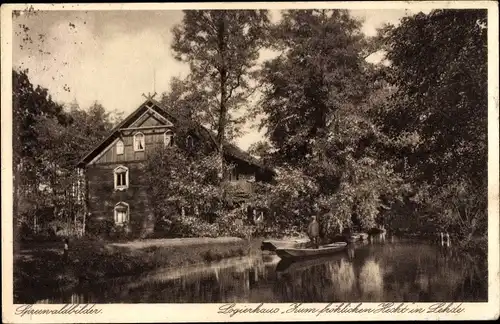 Ak Lehde Lübbenau im Spreewald, Logierhaus Zum fröhlichen Hecht, Kanalpartie, Kahn