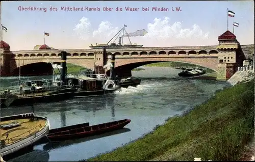 Ak Minden in Ostwestfalen Lippe, Überführung des Mitellandkanals über die Weser, Dampfer Preußen