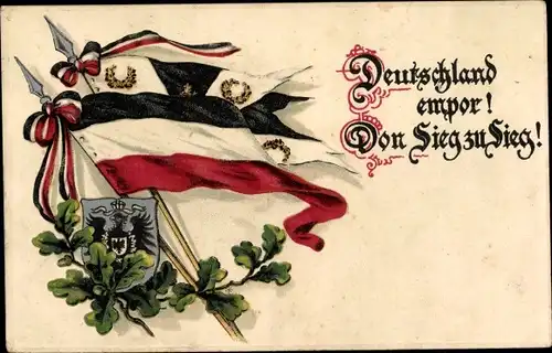 Ak Deutschland empor von Sieg zu Sieg, Fahnen, Eichenlaub, Wappen