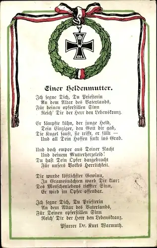 Ak Gedicht Einer Heldenmutter von Dr. Kurt Warmuth, Ich segne Dich, Du Priesterin...