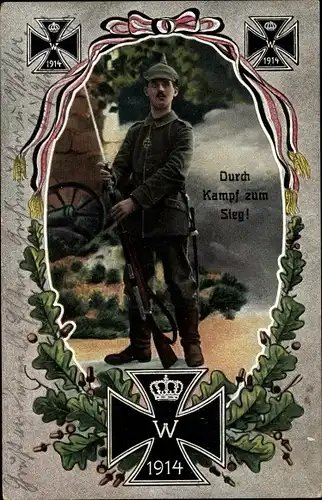 Ak Soldat mit Gewehr, Durch Kampf zum Sieg, 1914, 1. WK