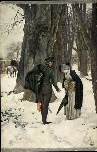 Künstler Ak v. Haug, Rob., Abschied, Soldat verabschiedet sich von Frau, Winter