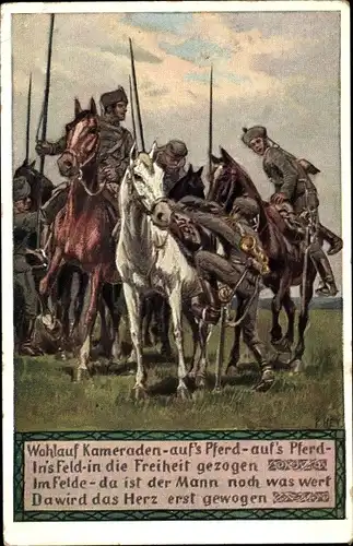 Lied Künstler Ak Hey, Paul, Unsere Feldgrauen, Soldatenliederkarte 12, Wohlauf Kameraden aufs Pferd
