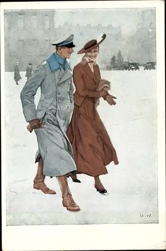 Künstler Ak Wennerberg, B., Nr.14, Renommierbummel, Soldat mit Dame beim Winterspaziergang