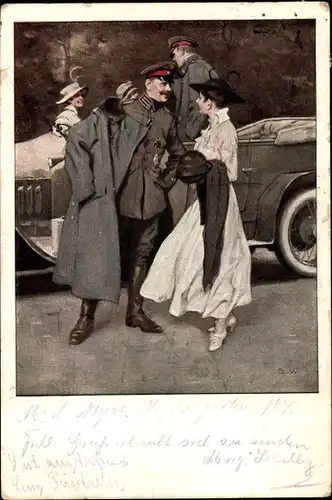 Künstler Ak Wennerberg, Bruno, Am Flugplatz, Soldaten, Junge Frauen, Auto