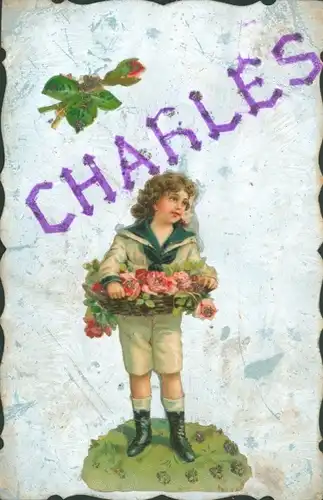 Ak Kind mit Blumenkorb, Rosen, Charles, Kitsch