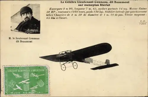 Ak Le Celebre Lieutenant Conneau, dit Beaumont sur monoplan Bleriot, Flugpionier