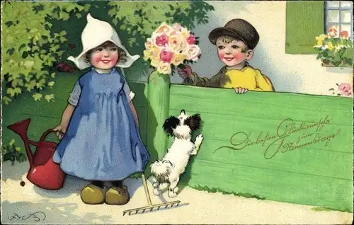 Künstler Ak Baumgarten, Fritz, Namenstag, Mädchen in Tracht, Blumenstrauß, Harke, Gießkanne