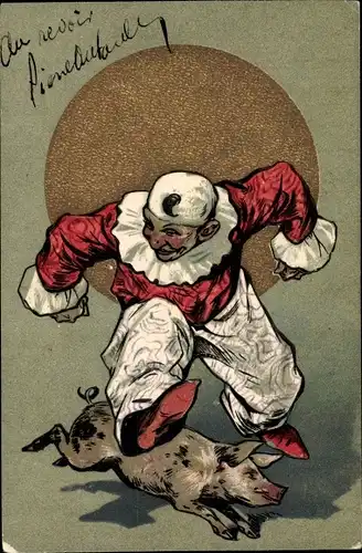 Präge Litho Harlekin springt über ein Schwein