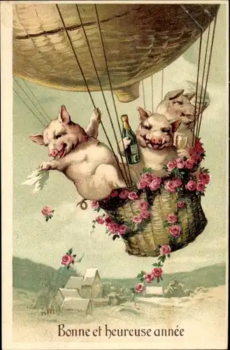 Präge Ak Glückwunsch Neujahr, Schweine, Ballon, Sektflasche, Rosen
