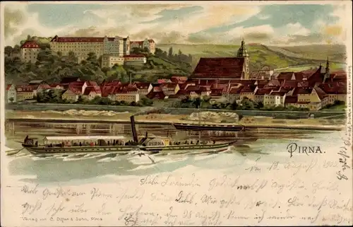 Litho Pirna an der Elbe, Gesamtansicht, Salondampfer