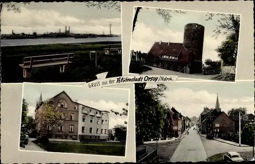 Ak Orsoy Rheinberg am Niederrhein, Straßenpartie, Turm, Bank, Panorama