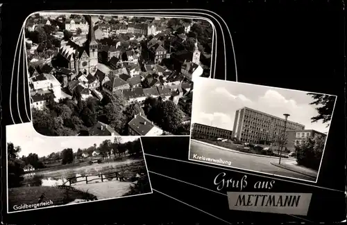 Ak Mettmann in Nordrhein Westfalen, Luftbild vom Ort, Kreisverwaltung, Goldbergerteich