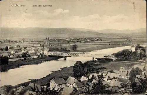Ak Kirchohsen Emmerthal Weser, Panoramablick ins Wesertal, Fluss, Brücke, Stadt