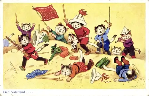 Künstler Ak Baumgarten, F., Lieb Vaterland, Hauskatzen vermenschlicht, Kinder spielen Krieg