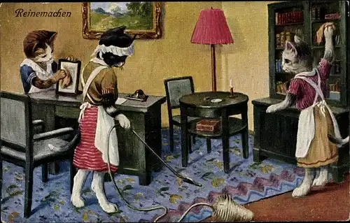 Ak Vermenschlichte Katzen beim Putzen, Staubsauger, Dienstmädchen