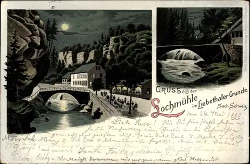 Mondschein Litho Liebethal Pirna in Sachsen, Lochmühle im Liebethaler Grund