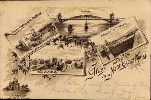 Litho Nord-Ostsee-Kanal, Schleuse, Brunsbüttelhafen, Grünthal, Holtenau, Rendsburg