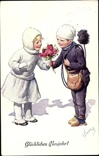 Künstler Ak Feiertag, K., Glückwunsch Neujahr, Kinder, Schornsteinfeger