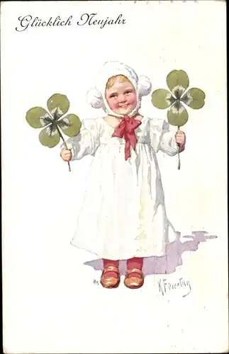 Künstler Ak Feiertag, K., Glückwunsch Neujahr, Mädchen, Glücksklee