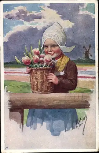 Künstler Ak Feiertag, K., Mädchen in niederländischer Tracht, Tulpen, Windmühle