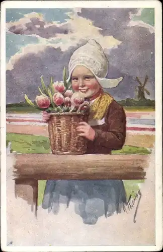 Künstler Ak Feiertag, K., Mädchen in niederländischer Tracht, Tulpen, Windmühle
