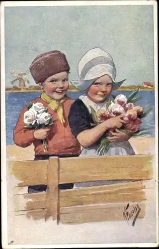 Künstler Ak Feiertag, K., Kinder in niederländischer Tracht, Blumen, Windmühle