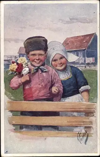 Künstler Ak Feiertag, K., Kinder in niederländischer Tracht, Blumen