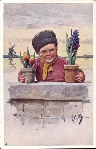 Künstler Ak Feiertag, K., Junge in niederländischer Tracht, Tulpen, Blumen, Windmühle