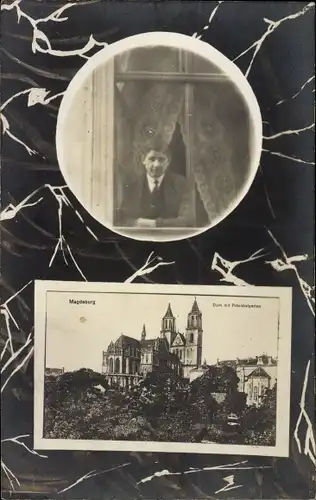 Fotomontage Ak Magdeburg an der Elbe, Dom, Mann am Fenster