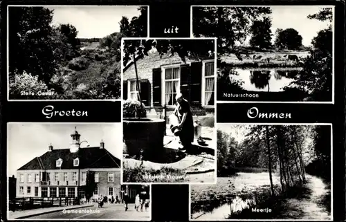 Ak Ommen Overijssel Niederlande, Gemeentehuis, Meertje, Natuurschoon, Frau am Brunnen