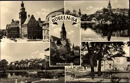 Ak Döbeln in Sachsen, Bürgergarten, Nikolaikirche, Stadtbad, Schloßberg und Schule, Rathaus